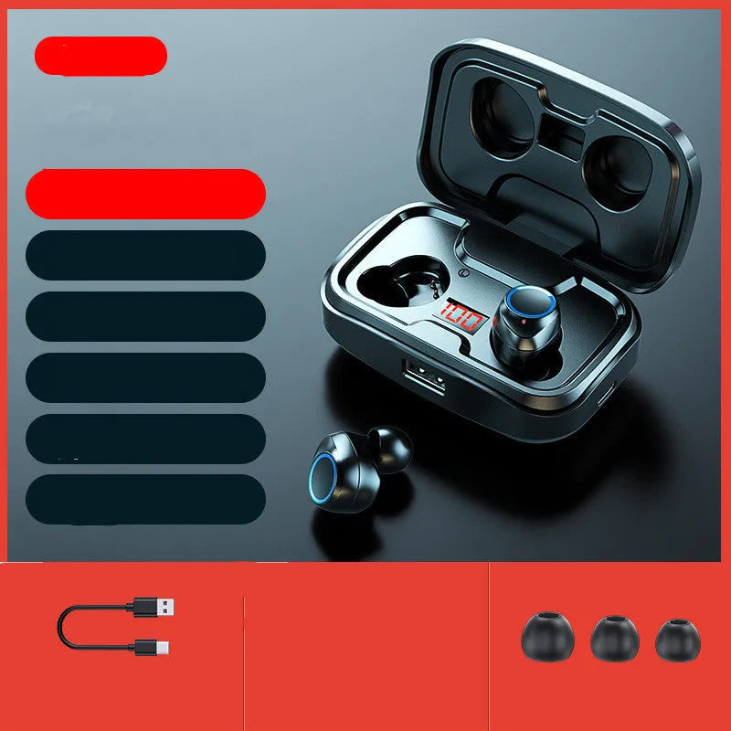 Black wireless in-ear earphones with Bluetooth 5.0 on a white background.