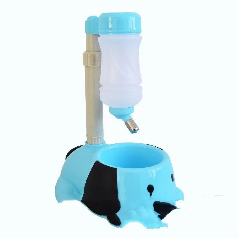 Adjustable pet drinking bowl with rod lifting mechanism in blue colour showing height adjustment