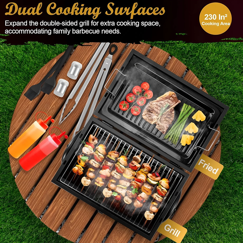 Small folding desktop charcoal barbecue grill with a single rack