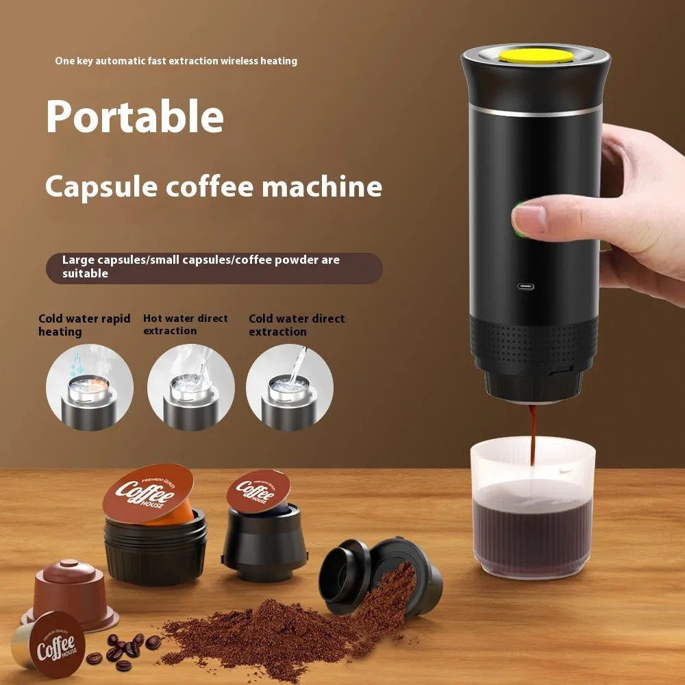 Portable electric espresso machine in grey with USB charging cable, shown next to coffee capsules