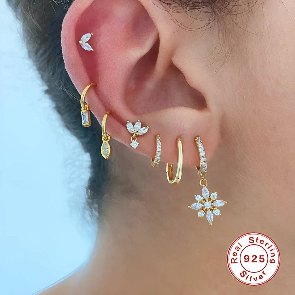 S925 sterling silver snowflake pendant earrings with geometric design and diamond accent in yellow or white gold colour