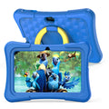 Blue children's educational tablet with a fitted silicone protective cover, showing the 7-inch screen