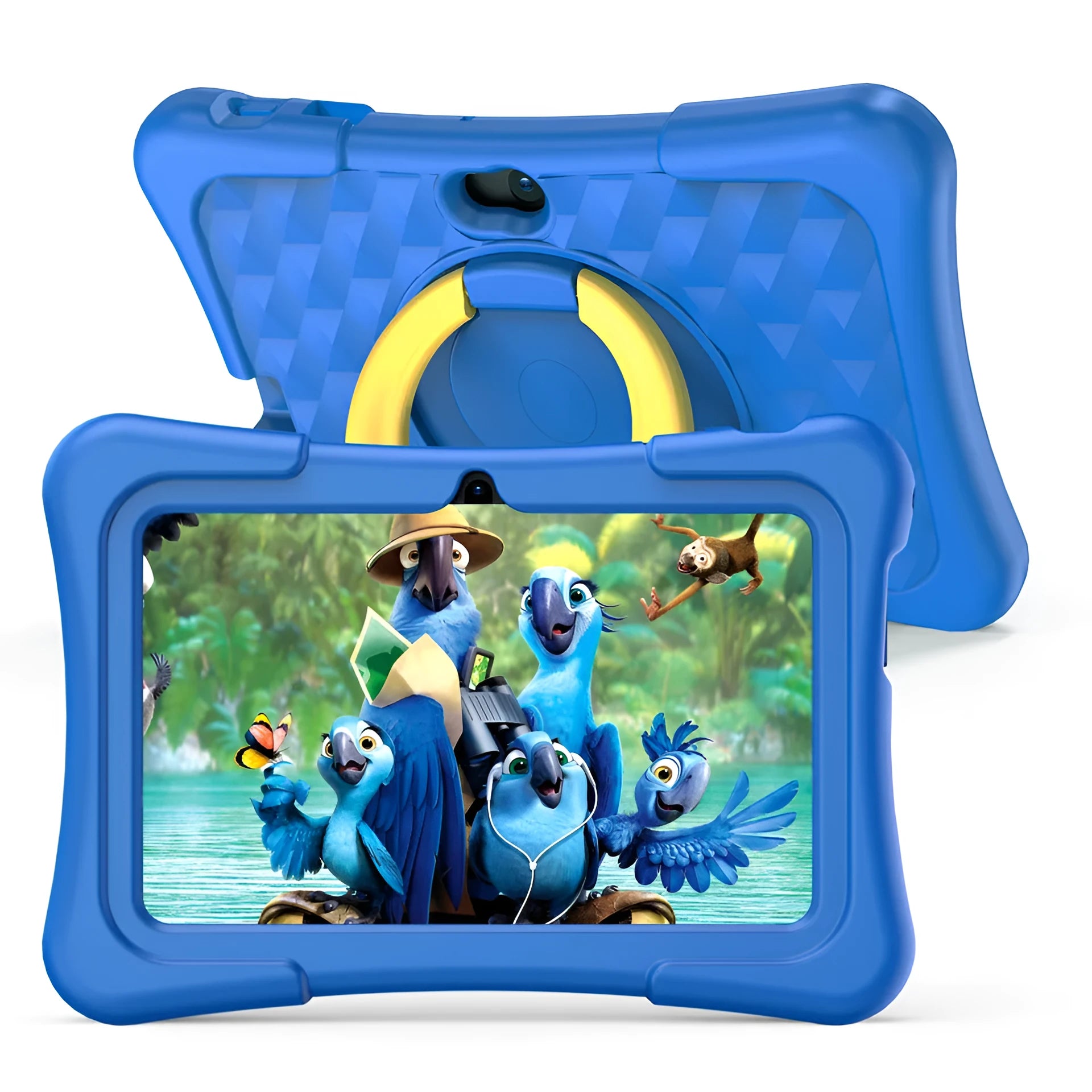 Blue children's educational tablet with a fitted silicone protective cover, showing the 7-inch screen