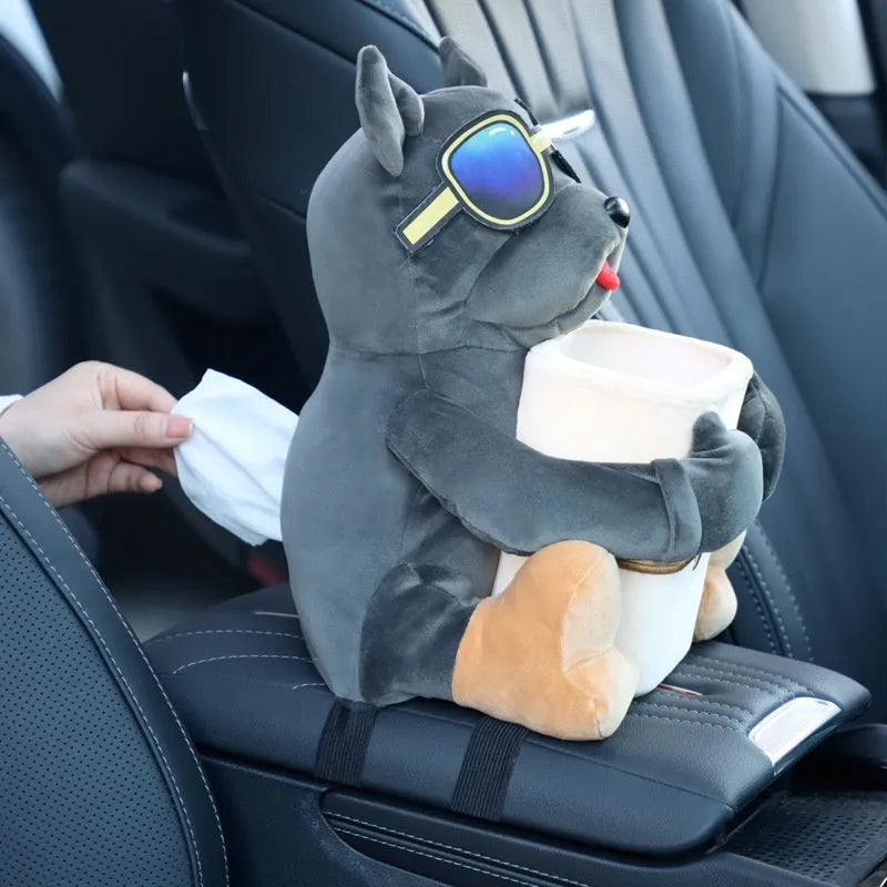 Plush fabric car tissue box with character design hanging from vehicle armrest