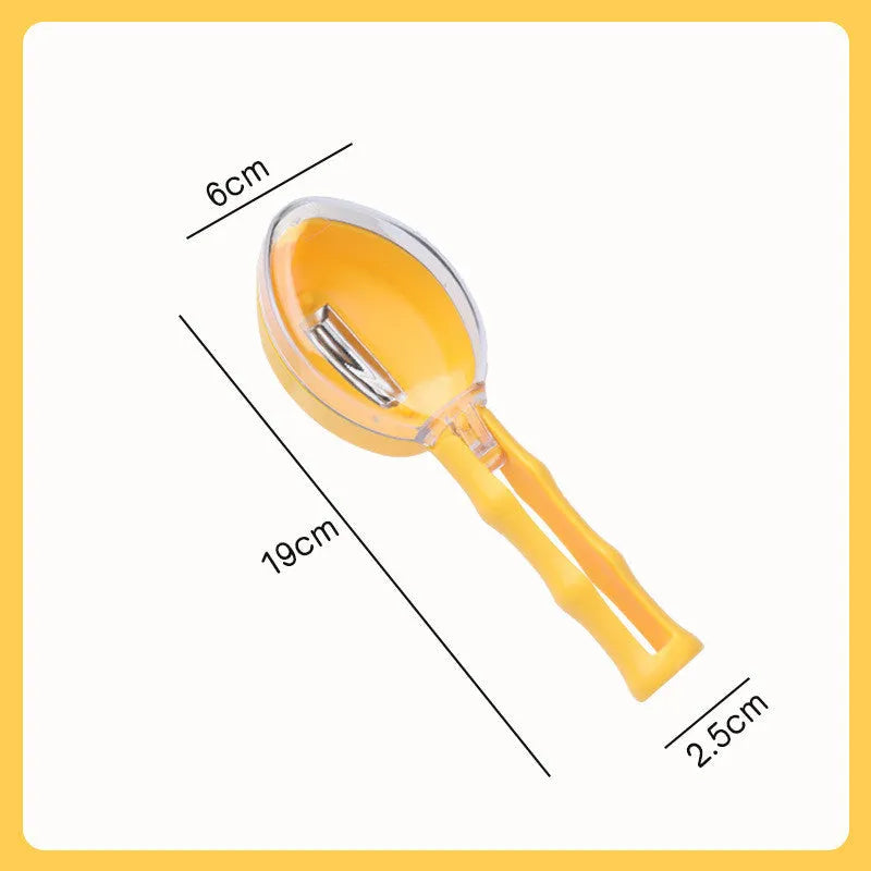 Yellow peeling knife with a storage lid next to a potato, showing its stainless steel blade and modern handle.