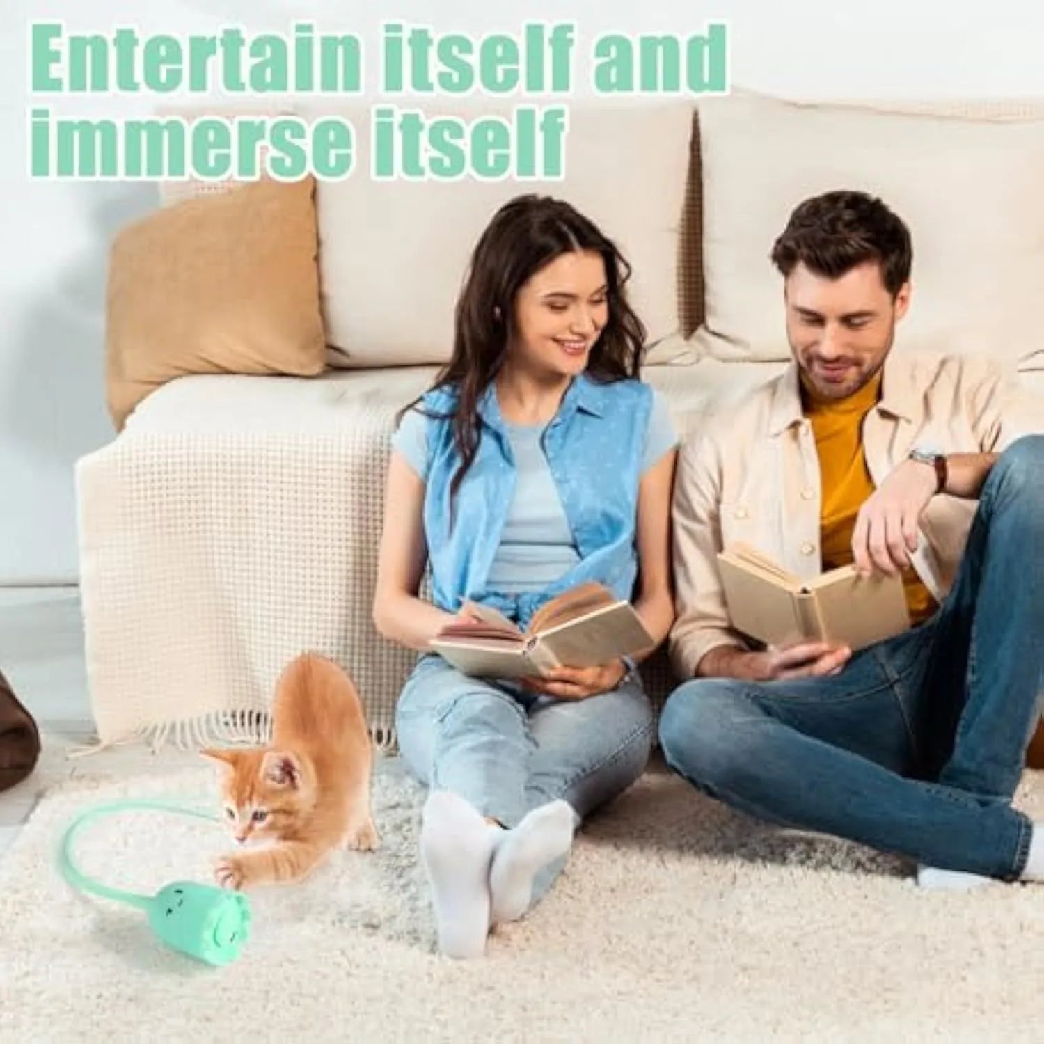 Automatic electronic cat wand toy with swinging silicone tails on green background