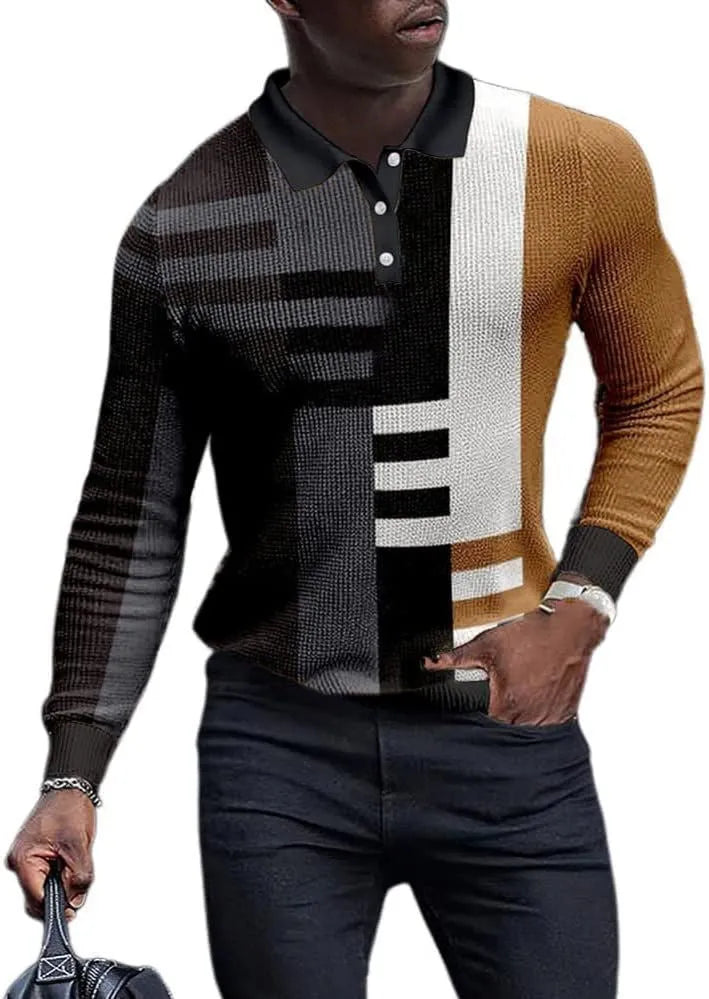 Men's grey striped long-sleeved top with 3D printed pattern, casual style