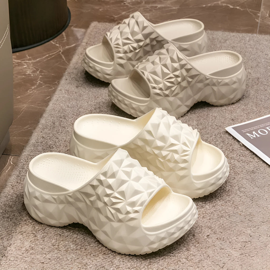 Women's high heel flip flop slippers with thick EVA sole in khaki, black and white colours