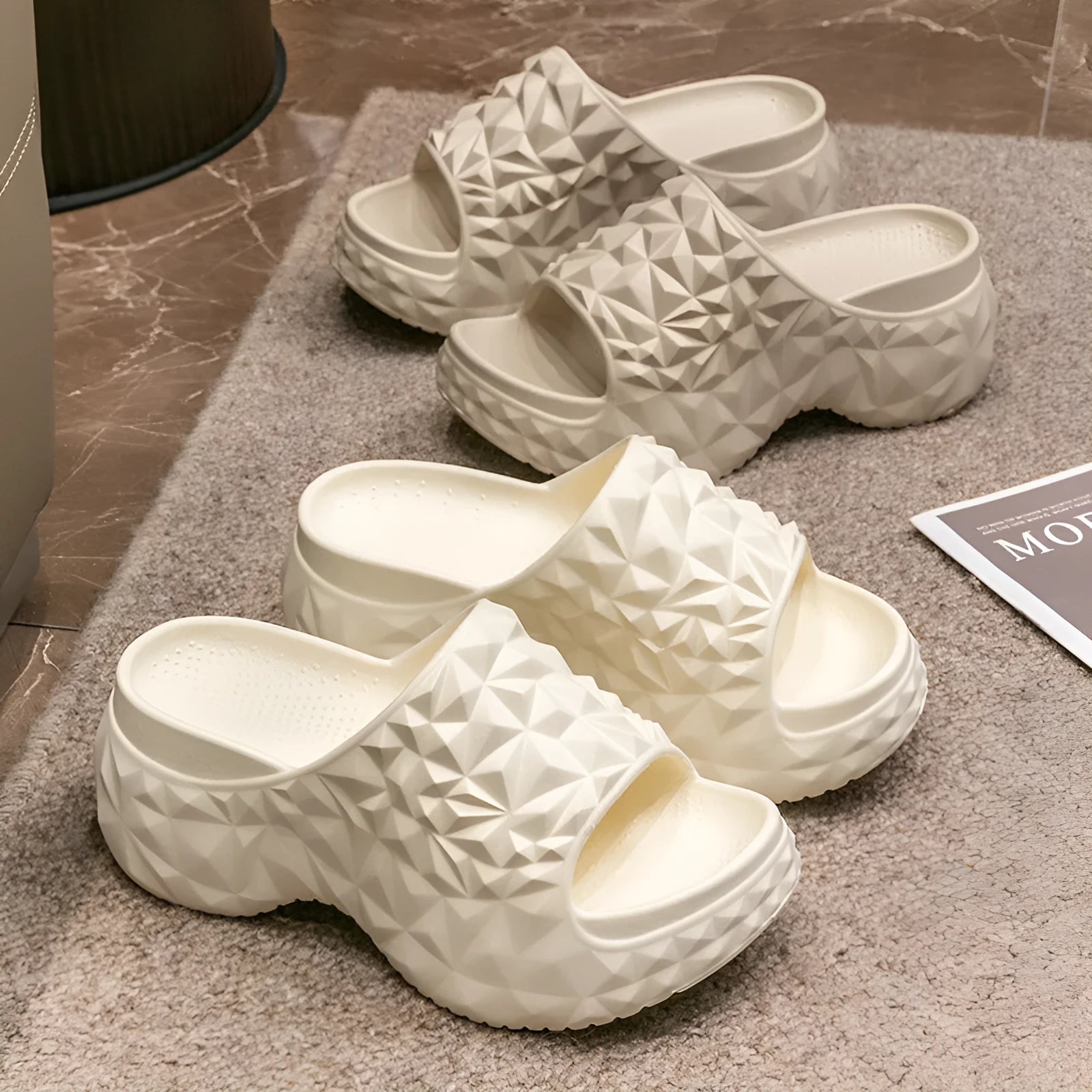 Women's high heel flip flop slippers with thick EVA sole in khaki, black and white colours