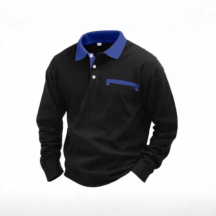 A man wearing a long-sleeved waffle knit polo shirt in a solid colour with a loose, retro fit.