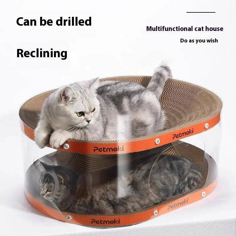 Transparent white diamond-shaped cat nest with integrated tunnel and scratch board