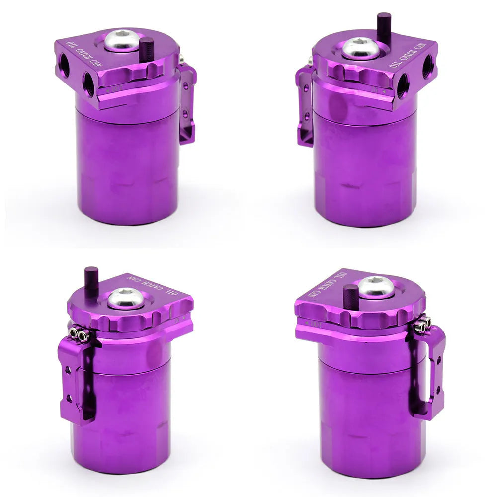 Aluminium alloy engine oil breather pot with air filter in choice of black, blue, red, or silver.