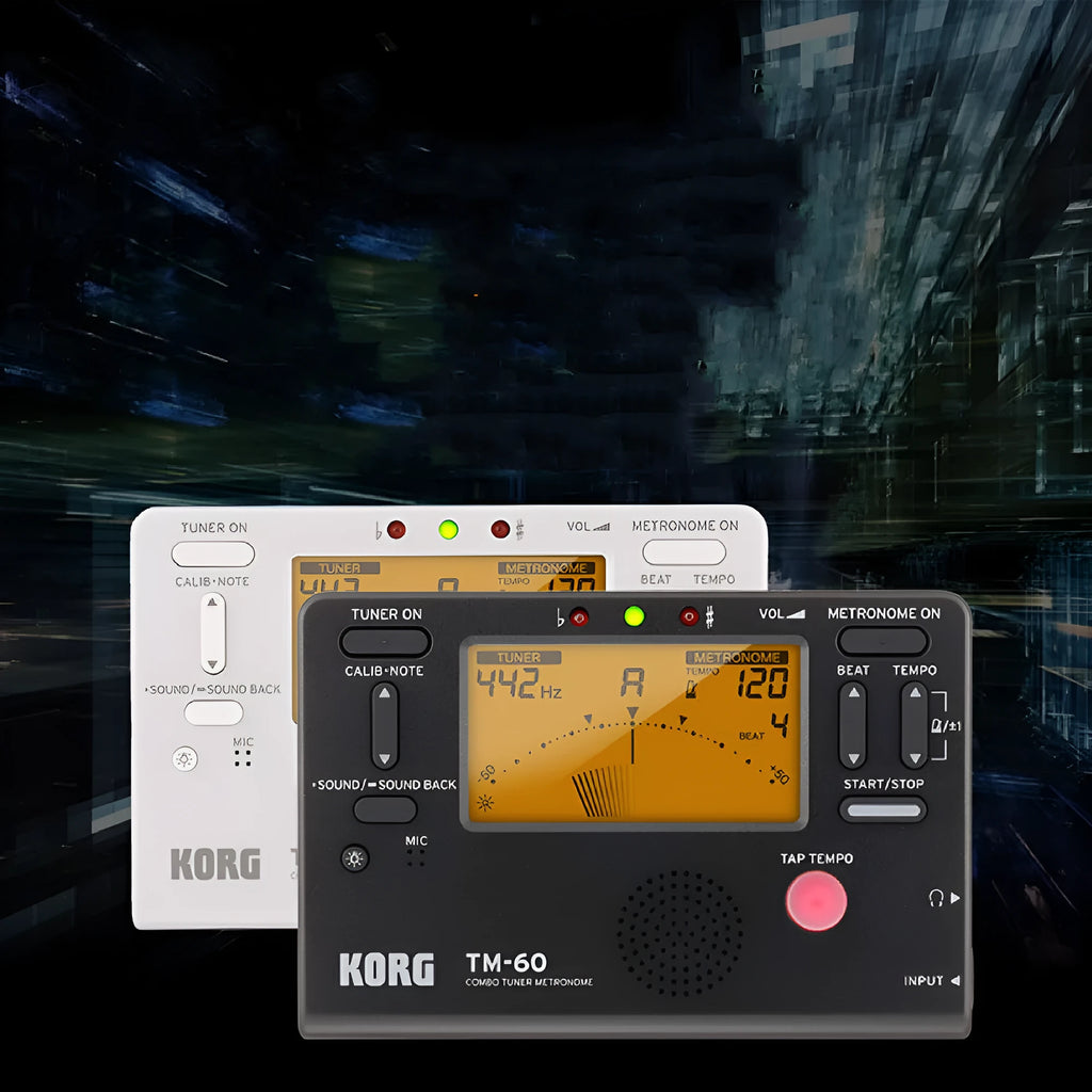 TM-60 black and white metronome tuner with digital display showing BPM and rhythm settings