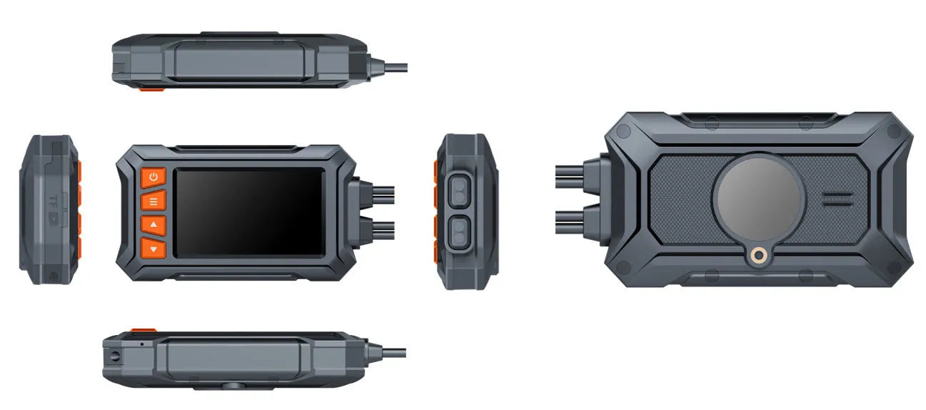 Motorcycle dual lens dash cam recorder with 3 inch display, front and rear cameras, and GPS module
