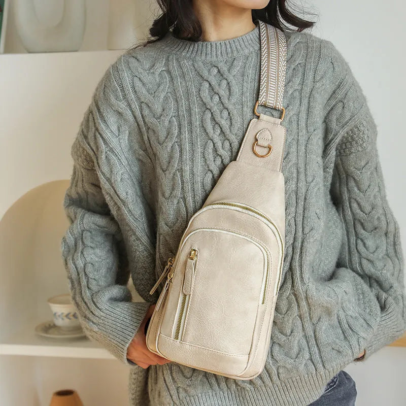 Soft brown PU women's small messenger chest bag with crossbody strap and open front pocket.
