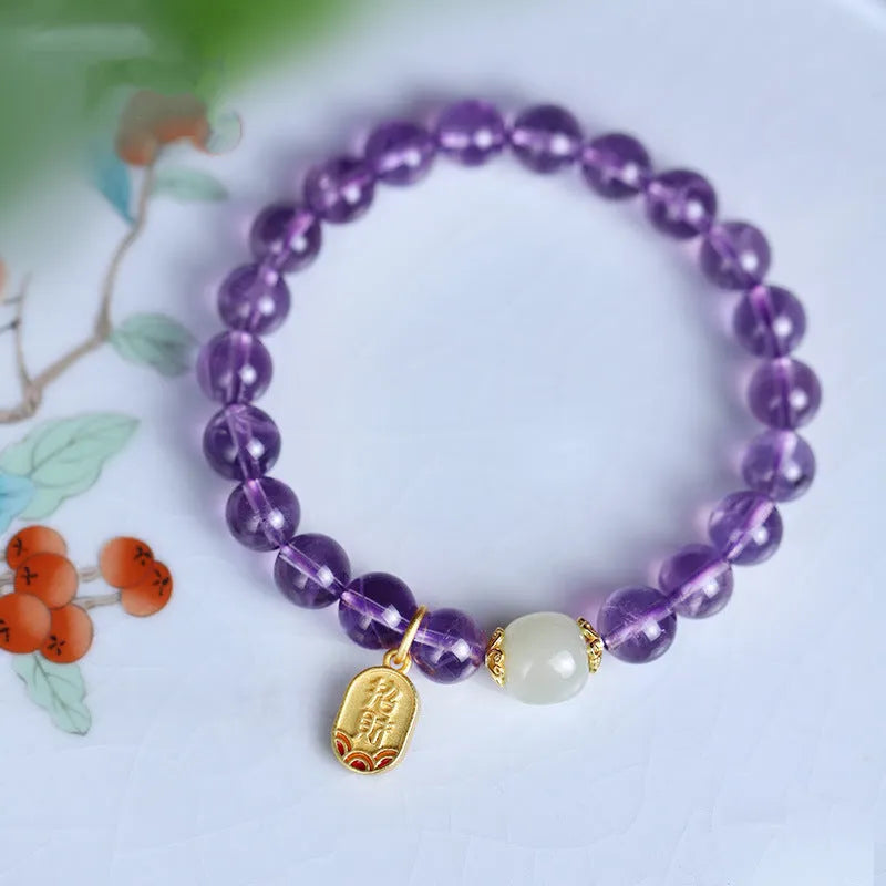 Women's amethyst crystal bracelet with 8mm geometric beads in national style design