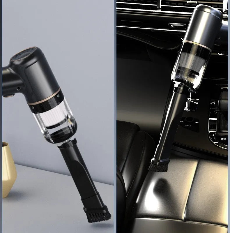 Black wireless handheld car vacuum cleaner with air pump function and multiple attachments