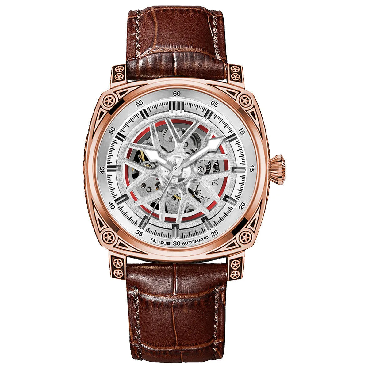 Automatic mechanical men's watch with stainless steel case and blue leather strap.