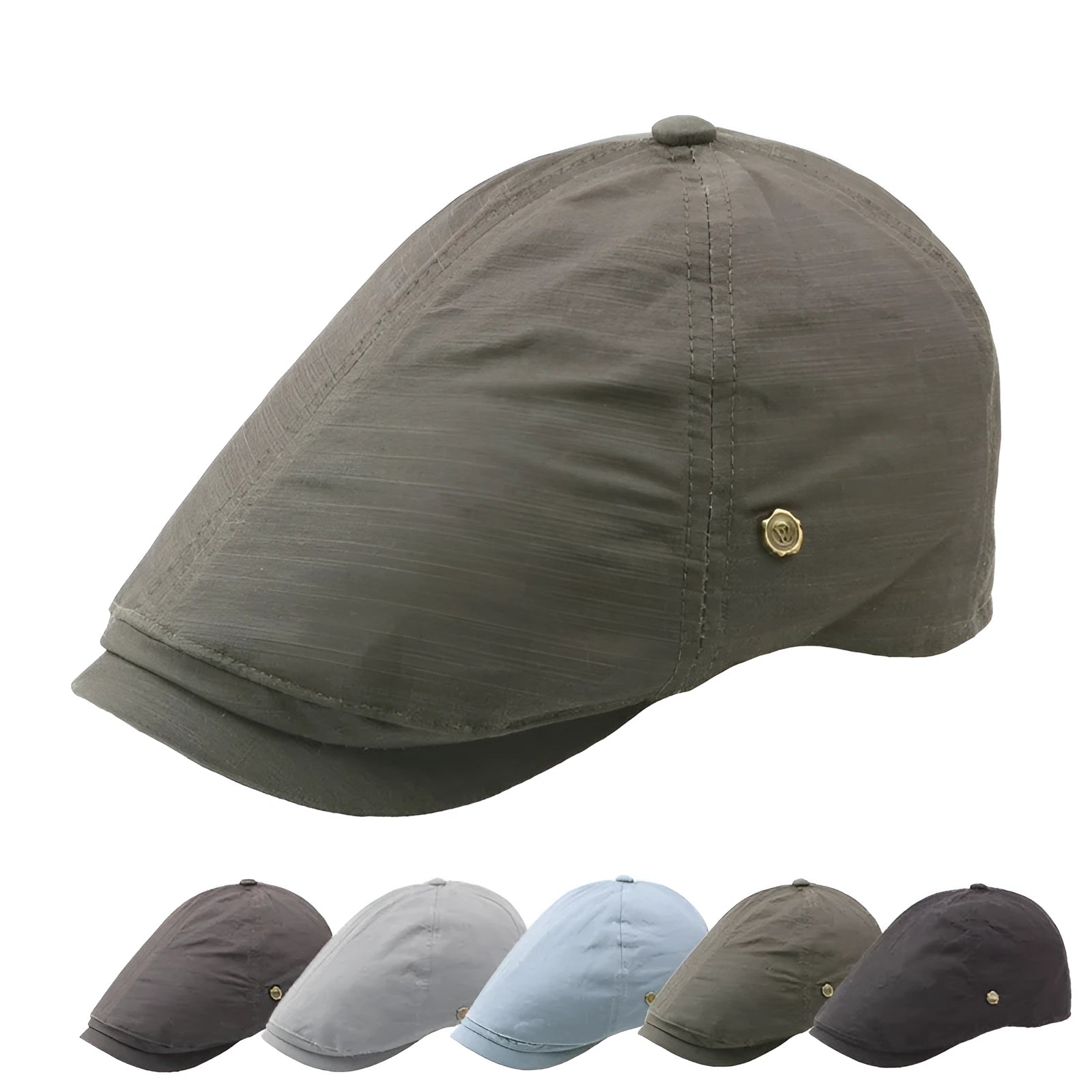 Plaid men's flat cap with copper button in cotton linen, distressed finish, adjustable fit, solid colour collection