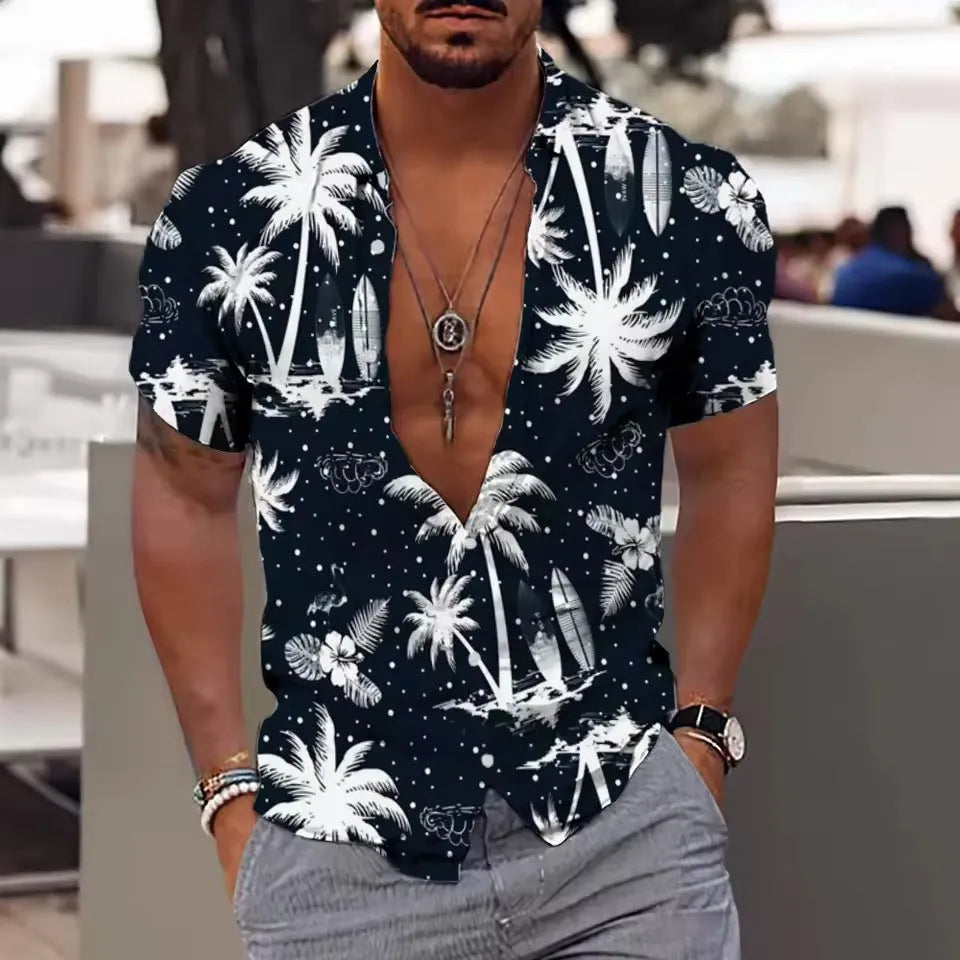 Man wearing a loose-fit floral print short sleeve beach shirt in a casual setting.