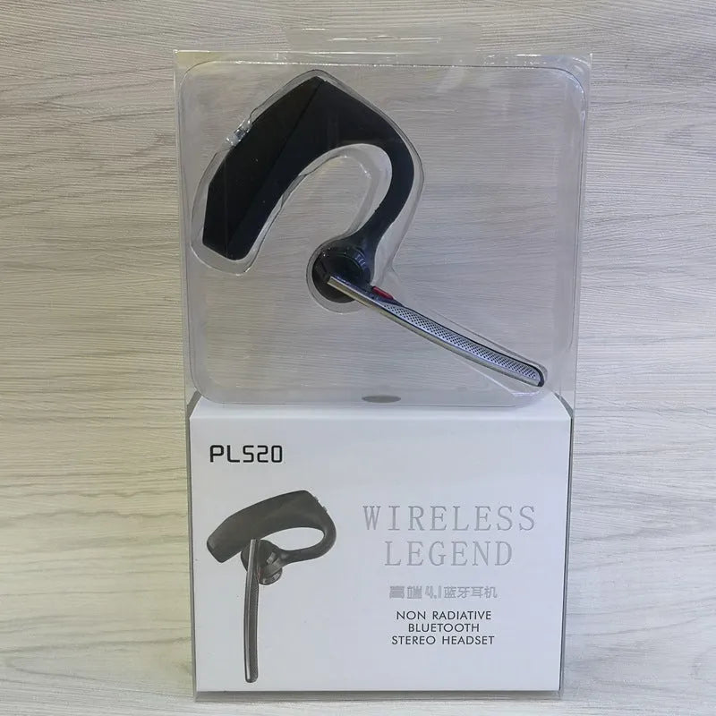 Black wireless sports headphones with a large battery and built-in microphone on a plain background.