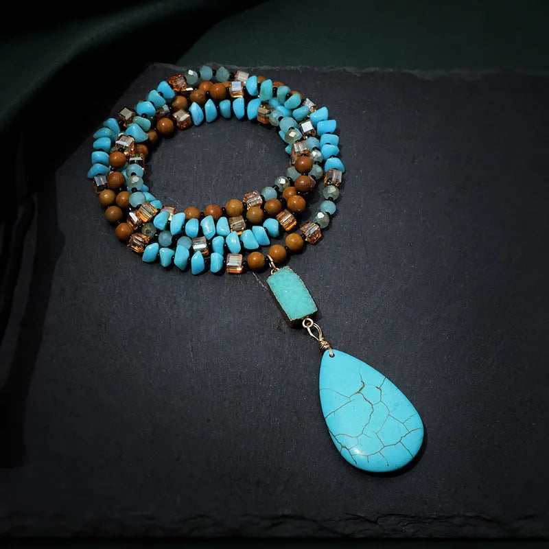 Turquoise blue water drop pendant necklace with mixed gem inlaid and ball bead chain