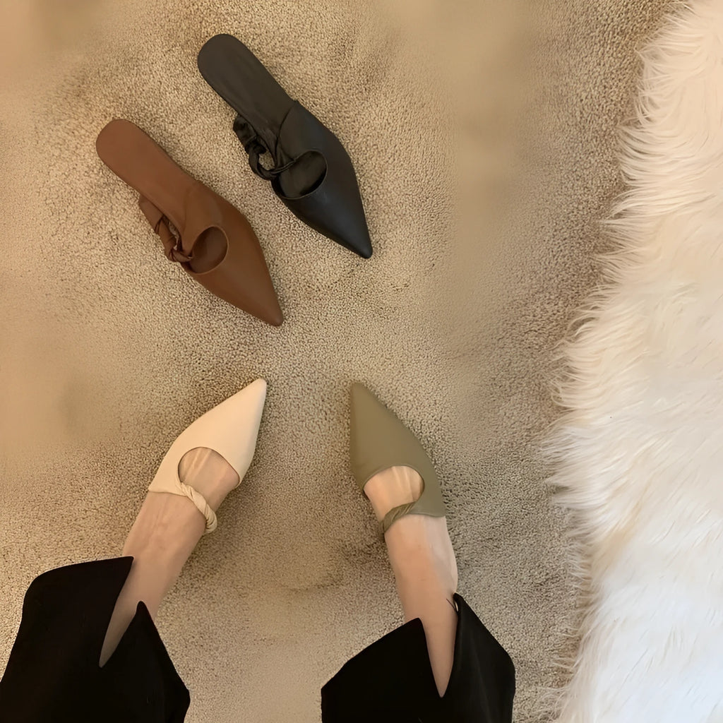 Soft leather women's slippers with semi-toe box design in black, khaki, cream-white, or dark brown.