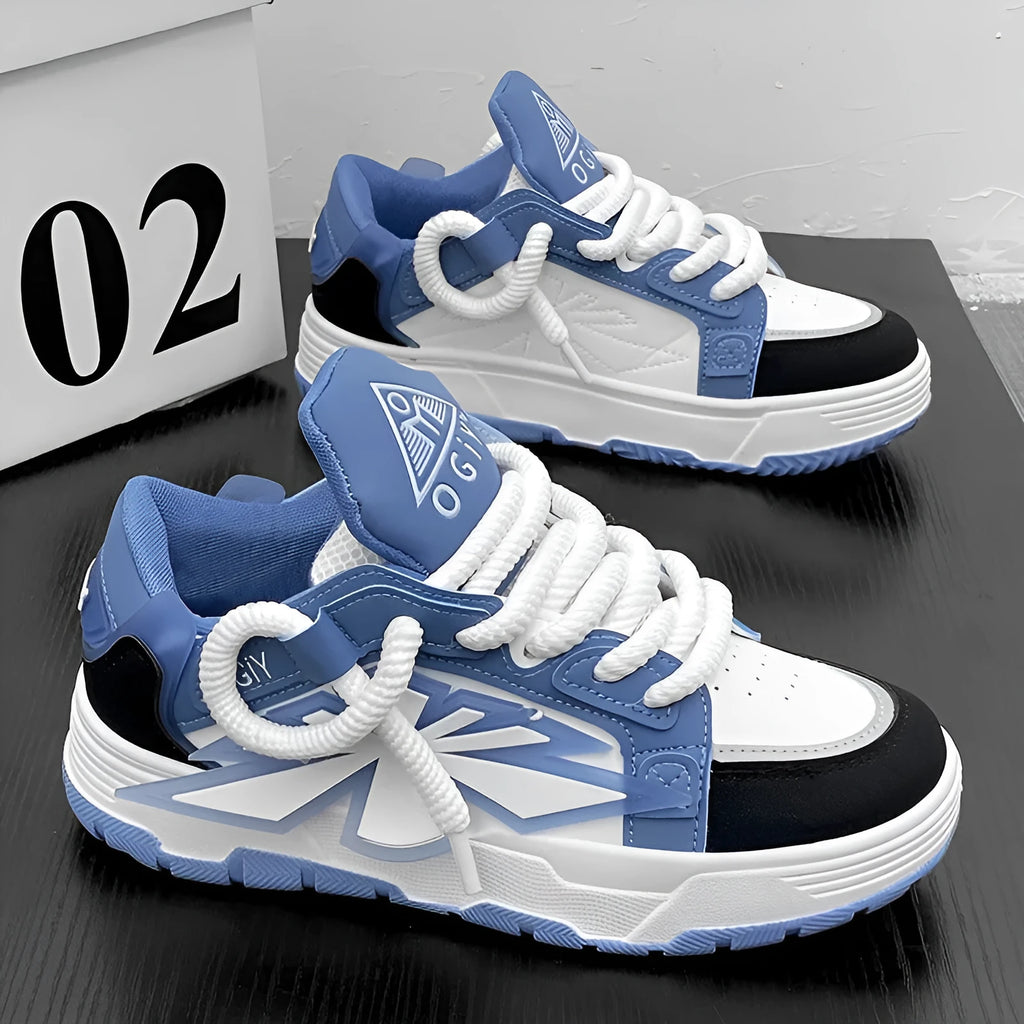 Men's white Harajuku chunky sneakers with thick rubber sole and synthetic leather upper.