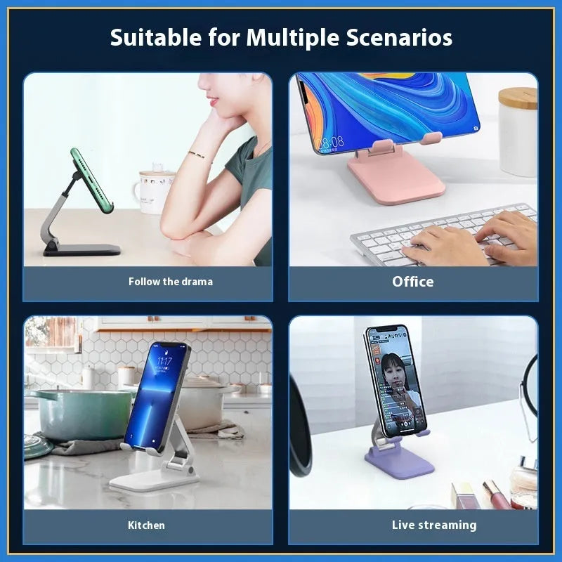 Universal folding portable desktop phone stand in weighted pearl white colour on a wooden table.