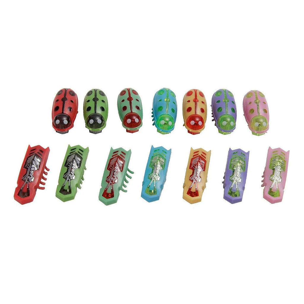 Electric jumping insect cat teaser toy in ladybug and iron cow designs, showing red, green, and purple colour options.
