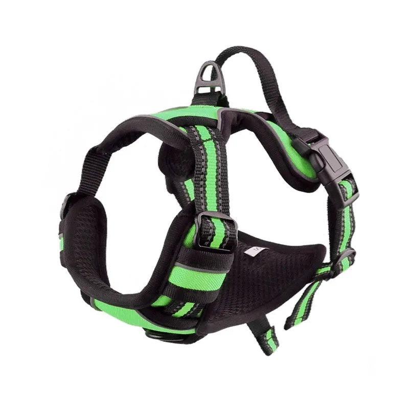 Adjustable Oxford cloth dog harness with a control handle on the strap, shown in a choice of colours.