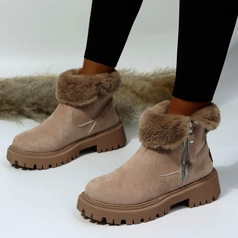 Black women's high-top snow boots with faux suede upper, side zipper, and thick plush lining.