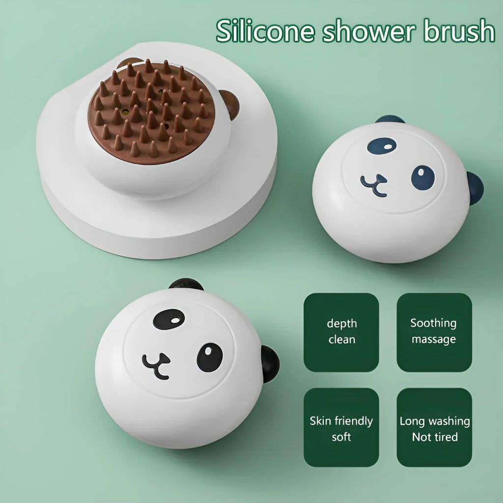 Panda-shaped silicone pet bath brush in blue for washing cats and dogs.