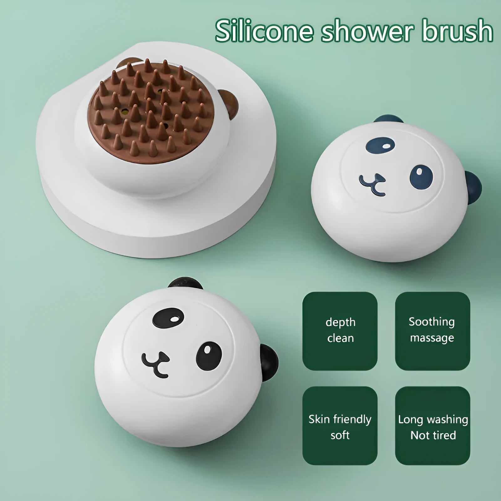 Panda-shaped silicone pet bath brush in blue for washing cats and dogs.