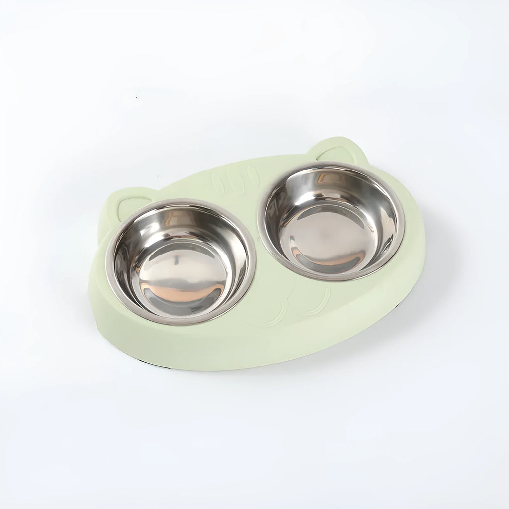 Plastic pet double bowl feeding tray in blue, green, or pink colours measuring 26.5cm long