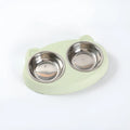 Plastic pet double bowl feeding tray in blue, green, or pink colours measuring 26.5cm long