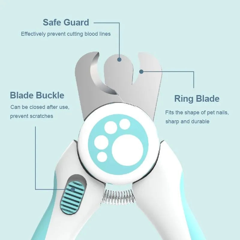 Blue and white pet nail clippers for dogs and cats with safety lock and file.