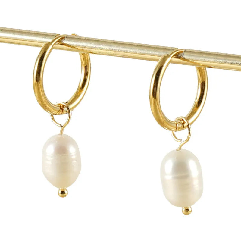 Gold geometric earrings with freshwater pearls on titanium steel posts for women