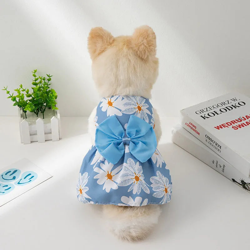 Ultra-thin floral butterfly knot princess pet dress in five bow colour options
