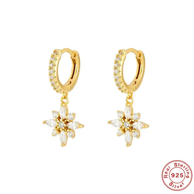 S925 sterling silver snowflake pendant earrings with geometric design and diamond accent in yellow or white gold colour