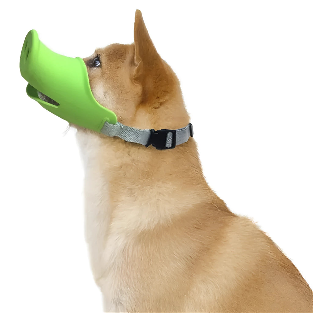 Blue silicone dog muzzle for long-mouthed breeds showing flexible construction