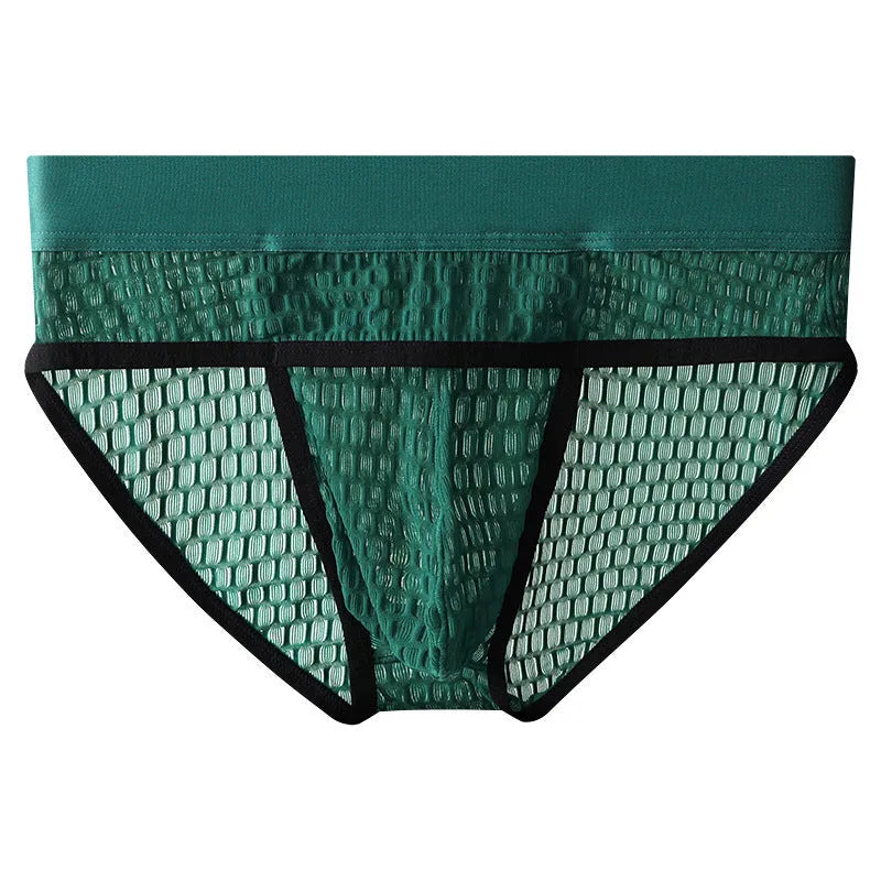 Men's mid-rise lace briefs in light purple with a U pouch design on a mannequin.