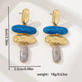 A pair of geometric-shaped stud earrings with a multicolour electroplated metal finish.