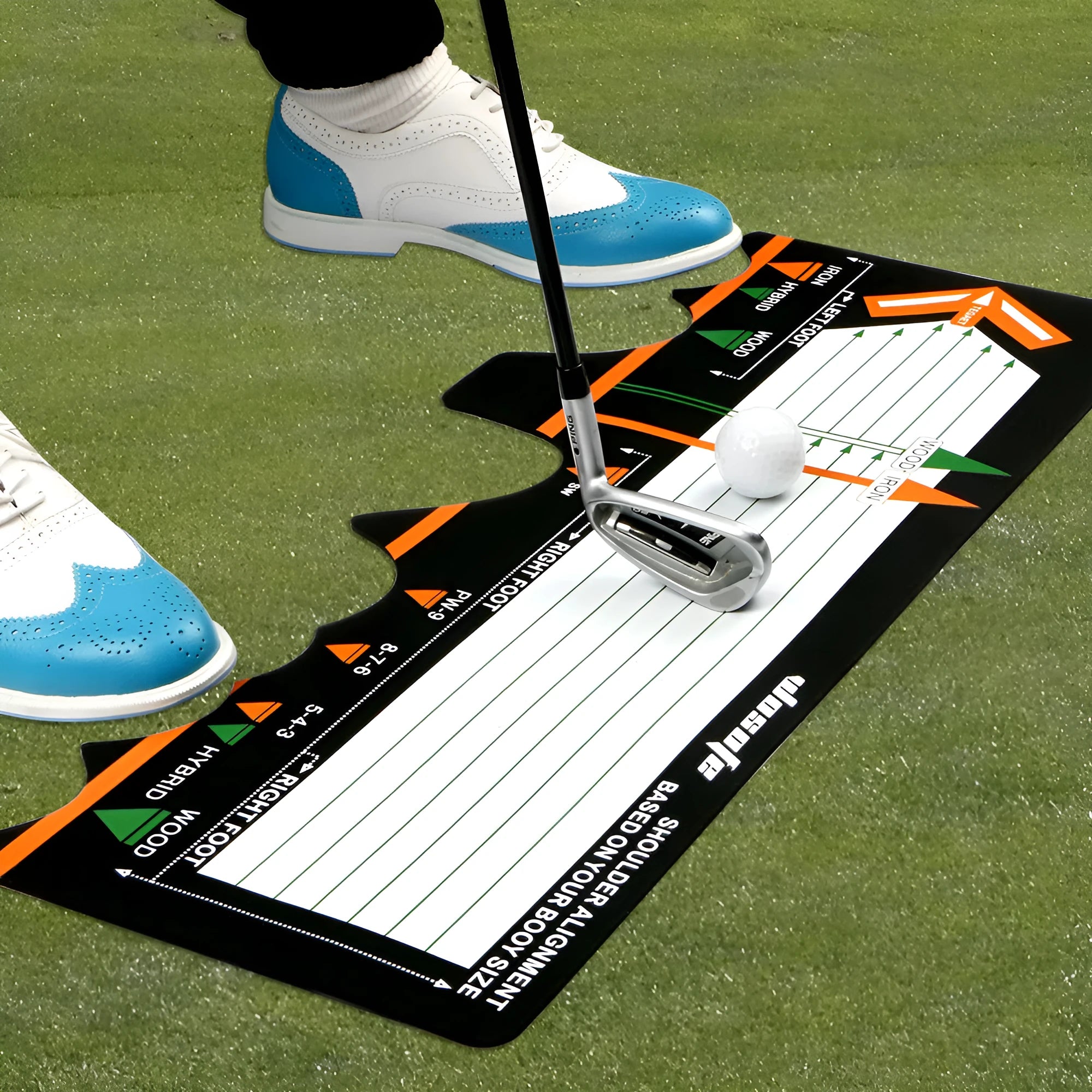 Black neoprene golf swing training pad for stance and posture correction on grass.