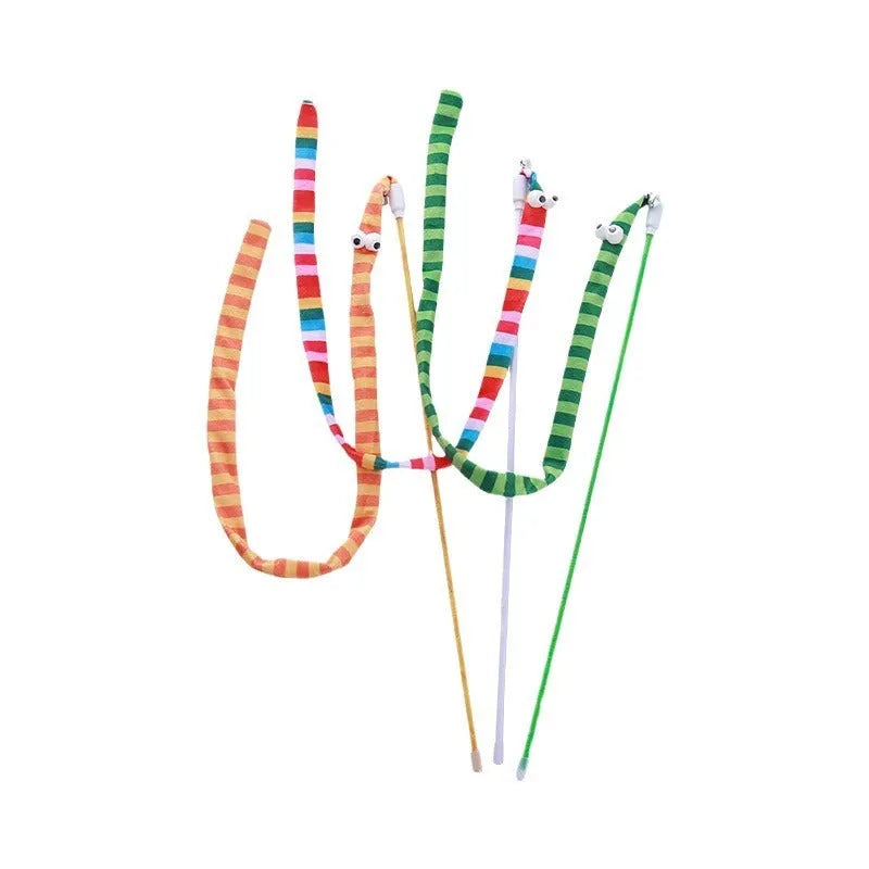 Cat wand toy with colourful plush strip attached to polycarbonate pole