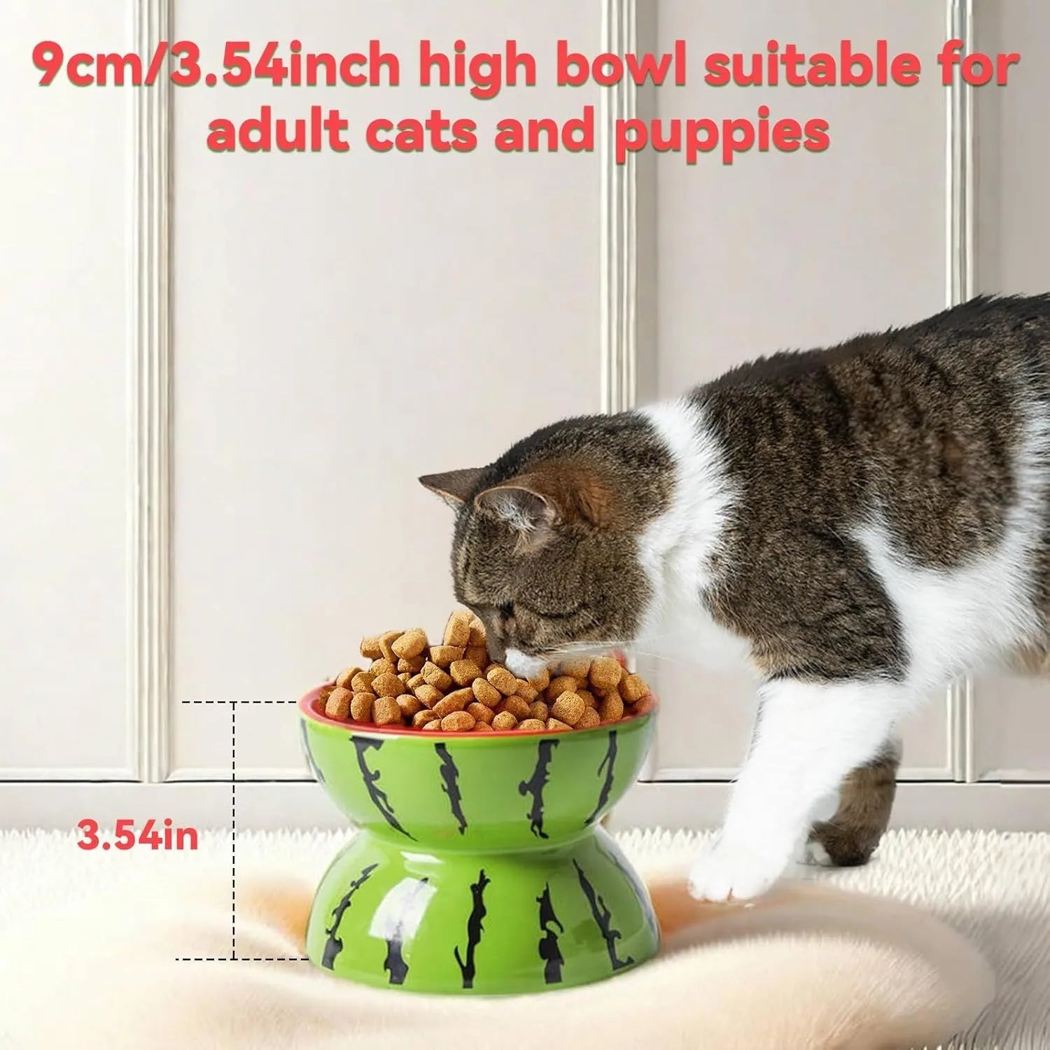 White ceramic raised cat bowl with tilted wide dish and decorative pattern, shown on a table.