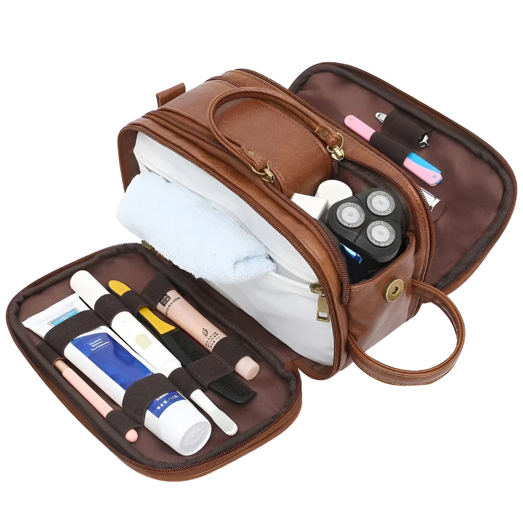Men's solid colour black PU toiletry bag for travel storage, shown next to brown colour option.
