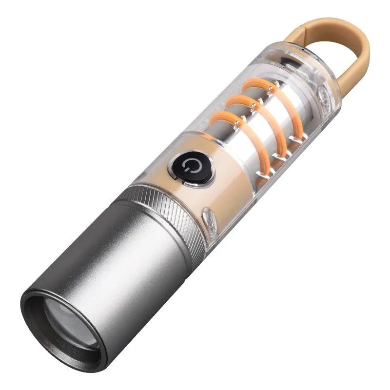 Orange and beige dual light source multifunctional flashlight with keychain attachment