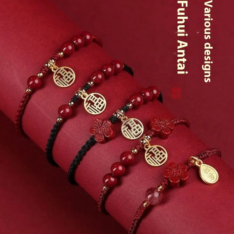 Cinnabar ethnic bracelet with braided rope strap and blessing charm for exam luck symbolism