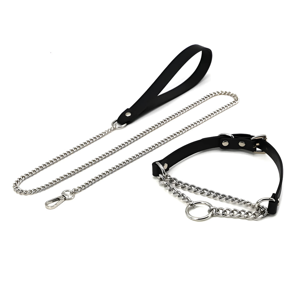 Black leather dog collar and matching hand grip lead set for punk style pet accessories